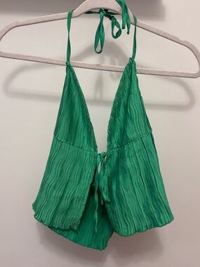 Motel Rocks Green Crinkled Halter Tank Top